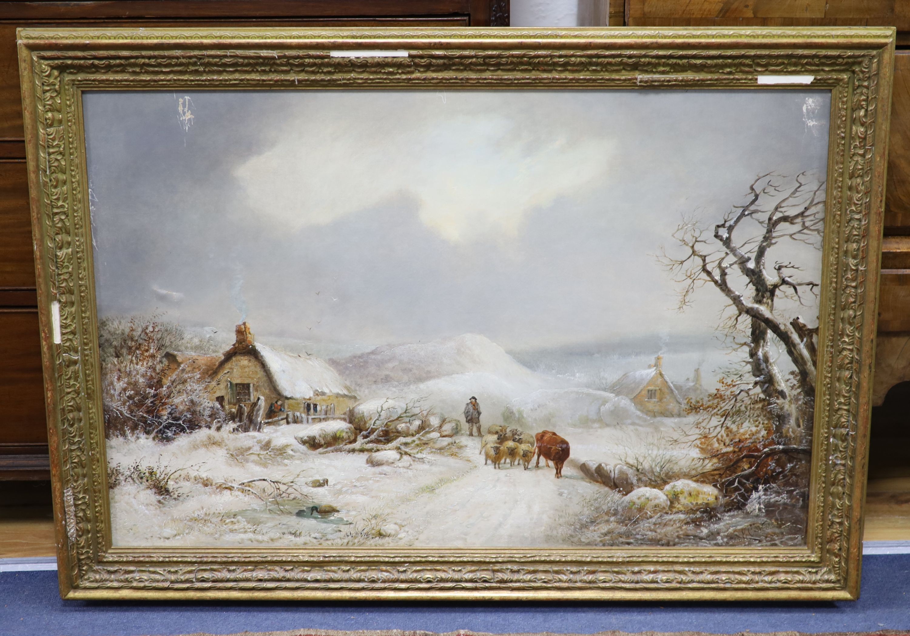 E.C.Williams (1839-1865), oil on canvas, Winter landscape, signed, 60 x 90cm